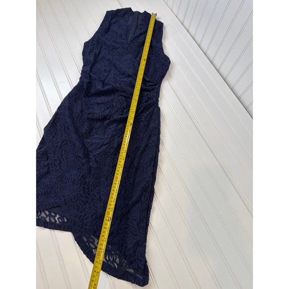 Nicole Miller Navy Blue Lace Ruched Side Sleeveless Asymmetrical Dress Size 6 - Picture 3 of 6